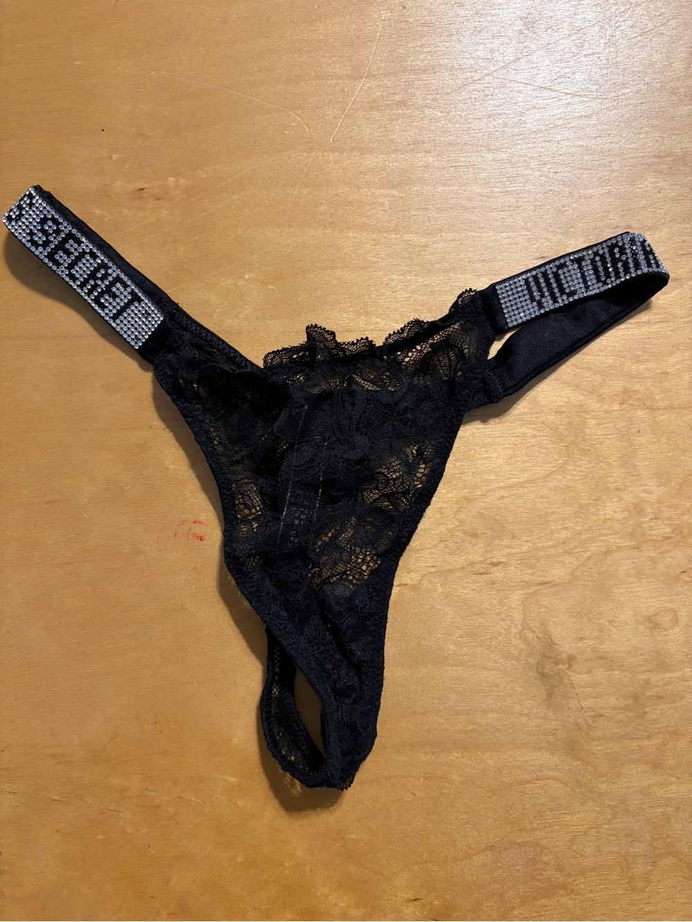 #50G - MUST GO! Victoria's Secret Black Lace Crystal-Studded Thong - Small